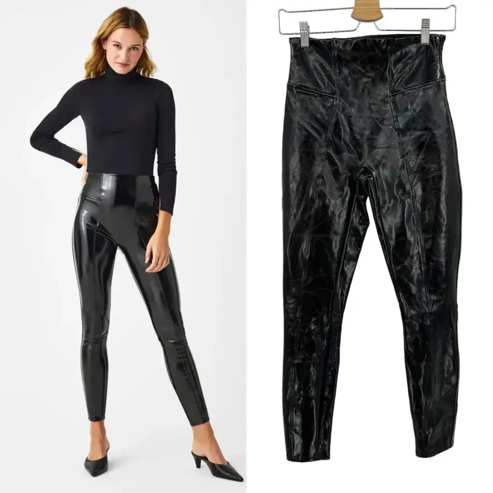 Spanx Faux Patent Leather‎ Leggings Black Size Small Petite PS